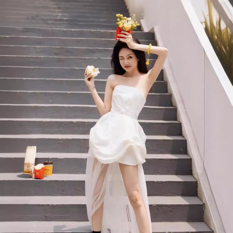 French White Strapless Morning - Lighting Wedding Outdoor ulasan dan harga